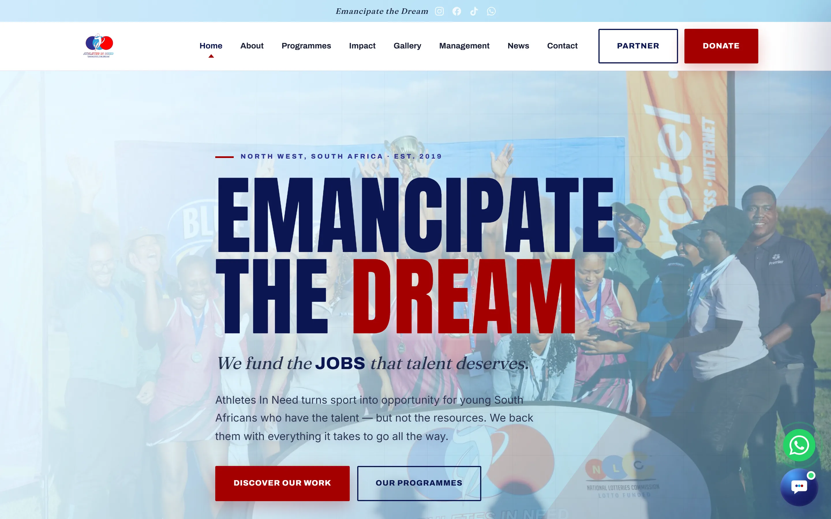 Athletes in Need non-profit — homepage on desktop
