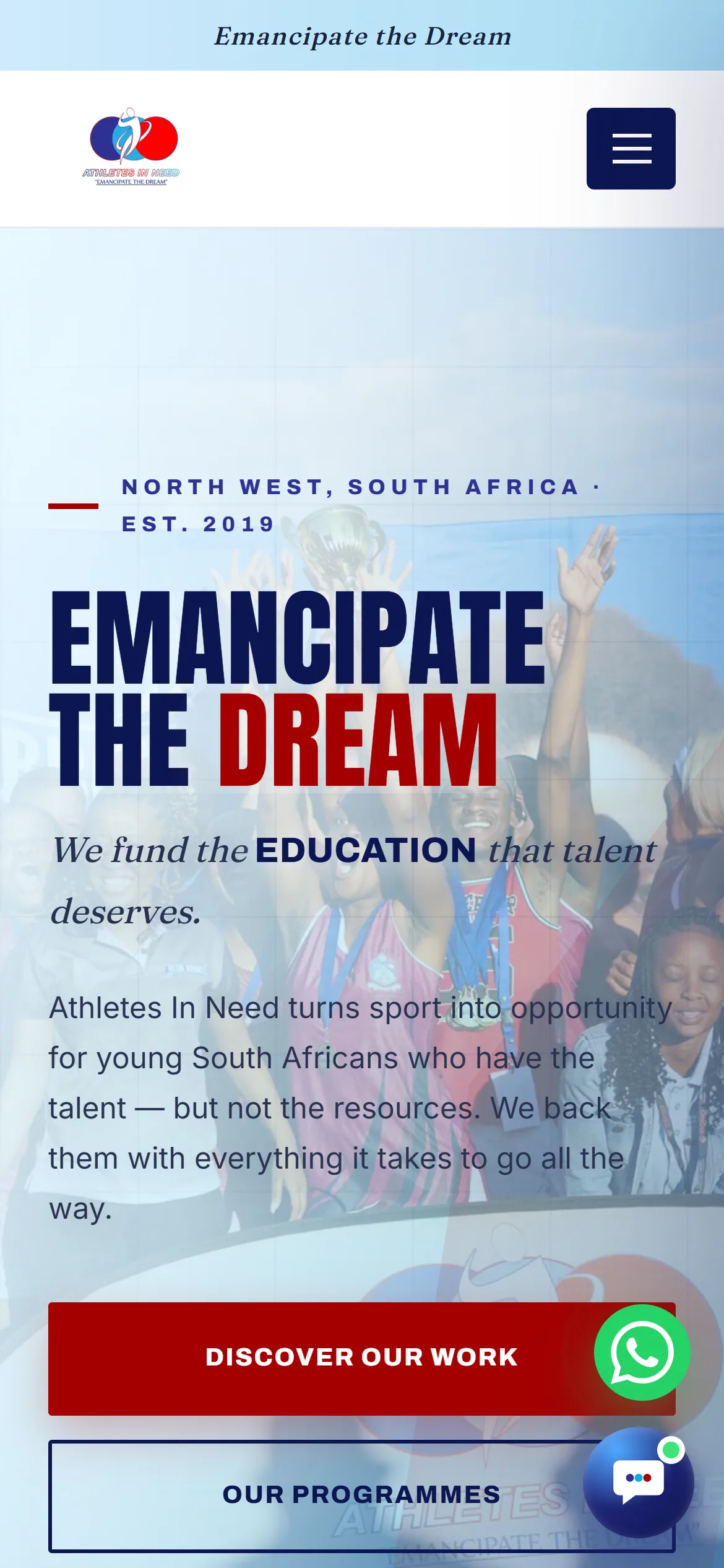 Athletes in Need non-profit — homepage on mobile