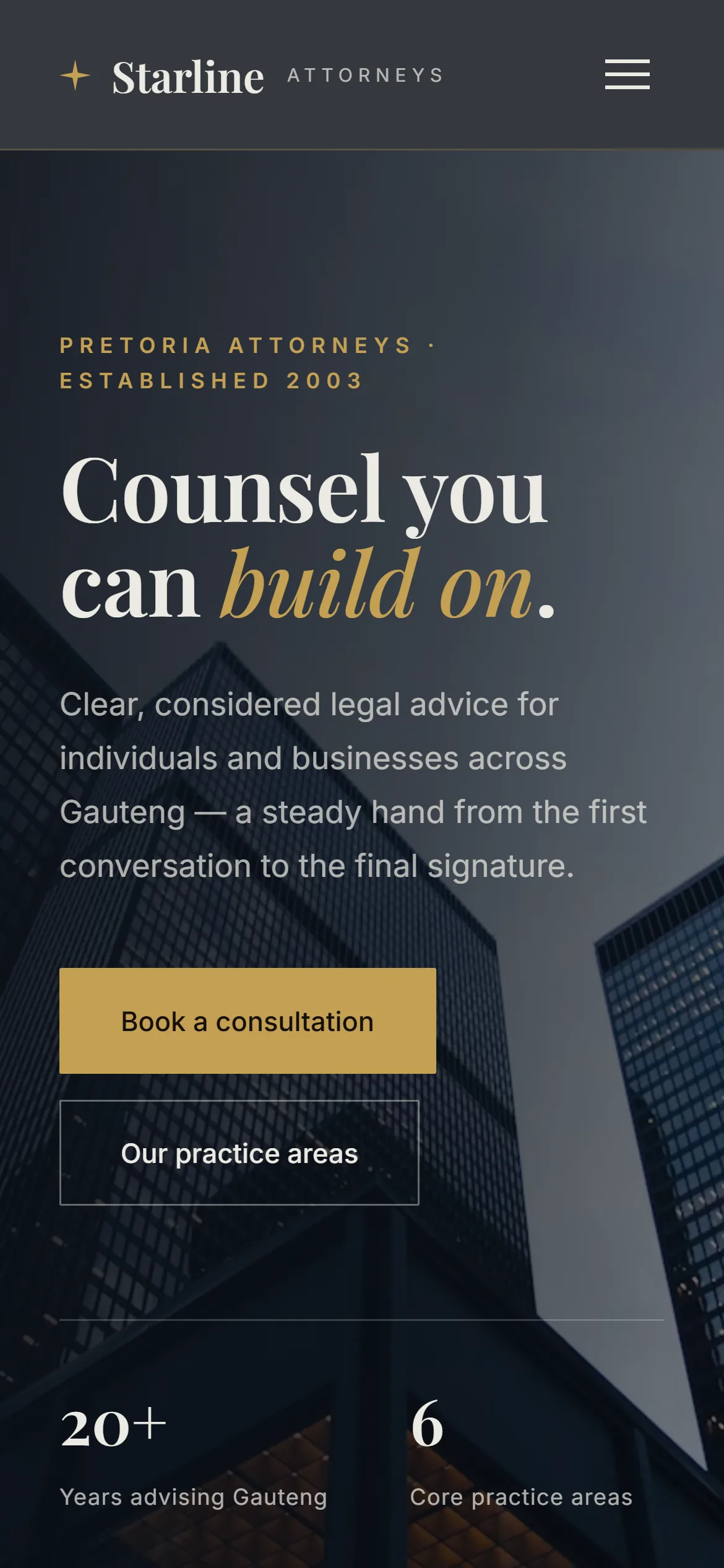 Starline Attorneys law firm — homepage on mobile